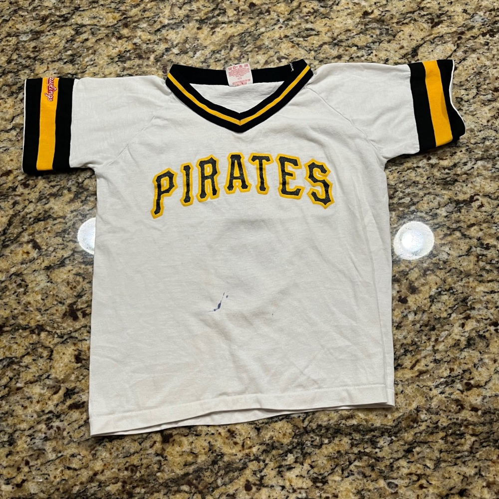 Vintage Rawlings Pirates Boy Shirt White Black Yellow Made in USA Size Medium